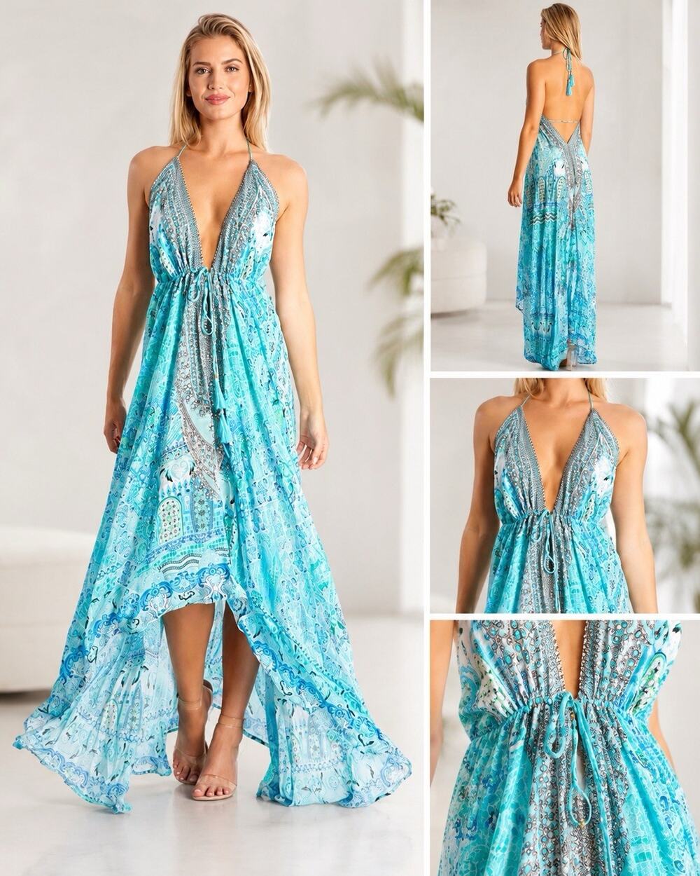 100% Viscose Silk Maxi Dress Womens S/M Blue Crystal Luxury La Moda Clothing